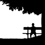 Silhouette, garçon, banc, arbre
