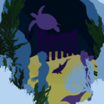 merman, dauphin, tortue, ruine, océan, caverne